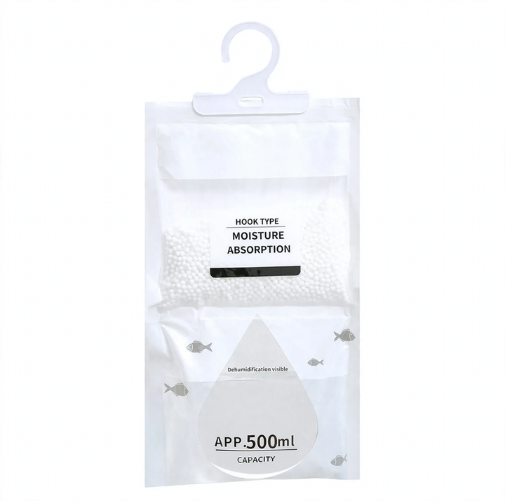 Hanging dehumidifying bag for wardrobes