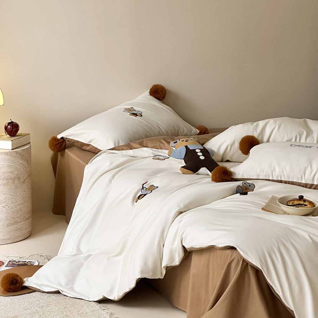 Cotton bedding set, cartoon design, with pom-poms
