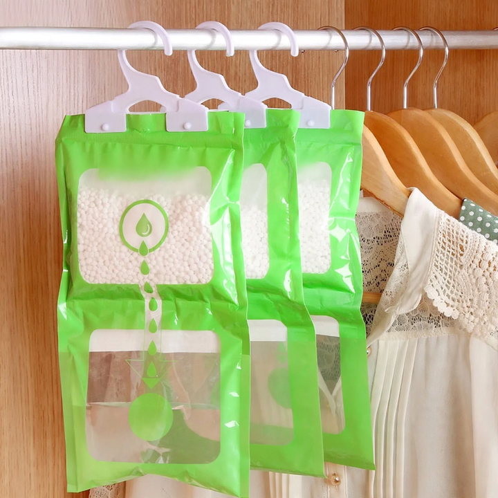 Hanging dehumidifying bag for the household