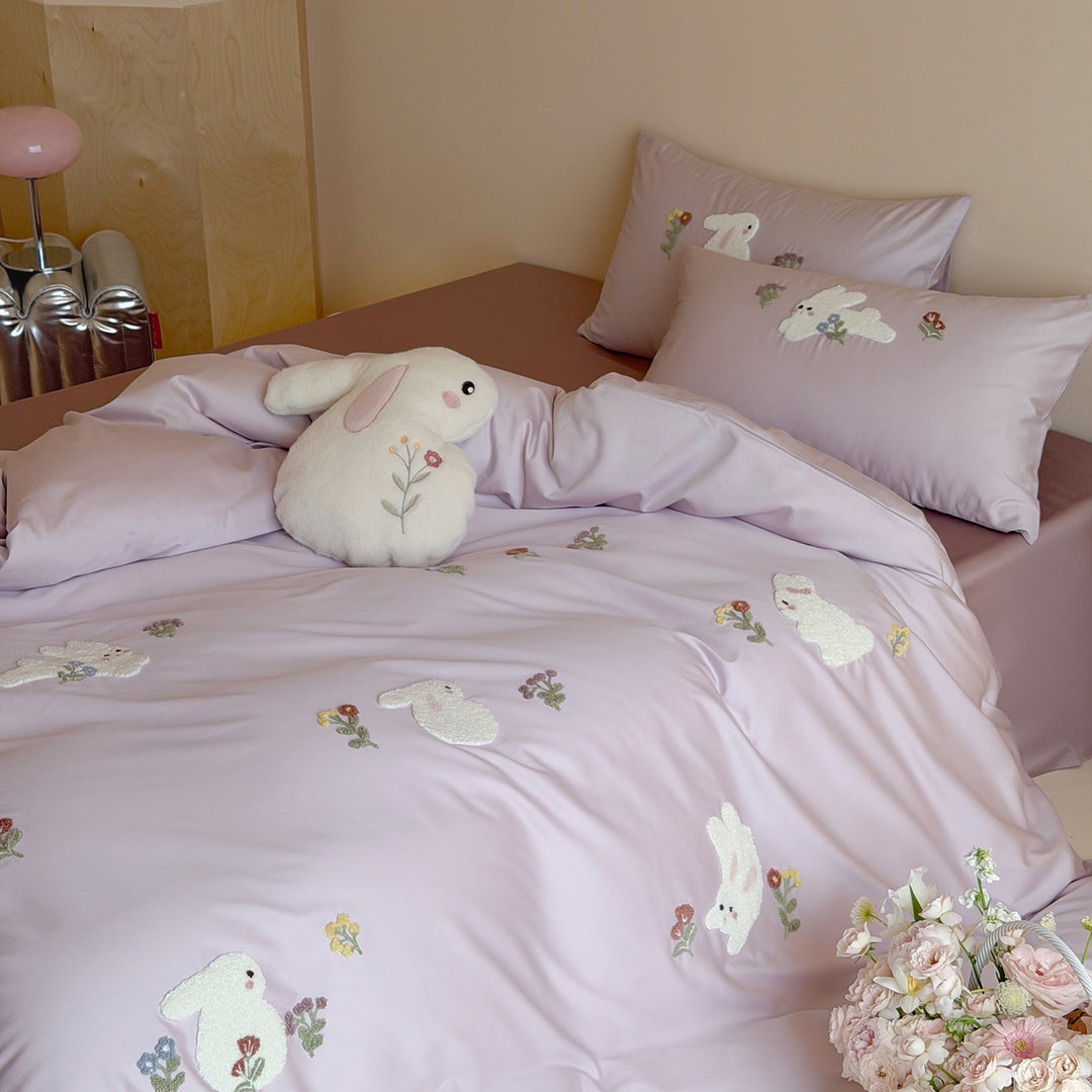 Cotton bedding set, 4-piece, rabbit motif