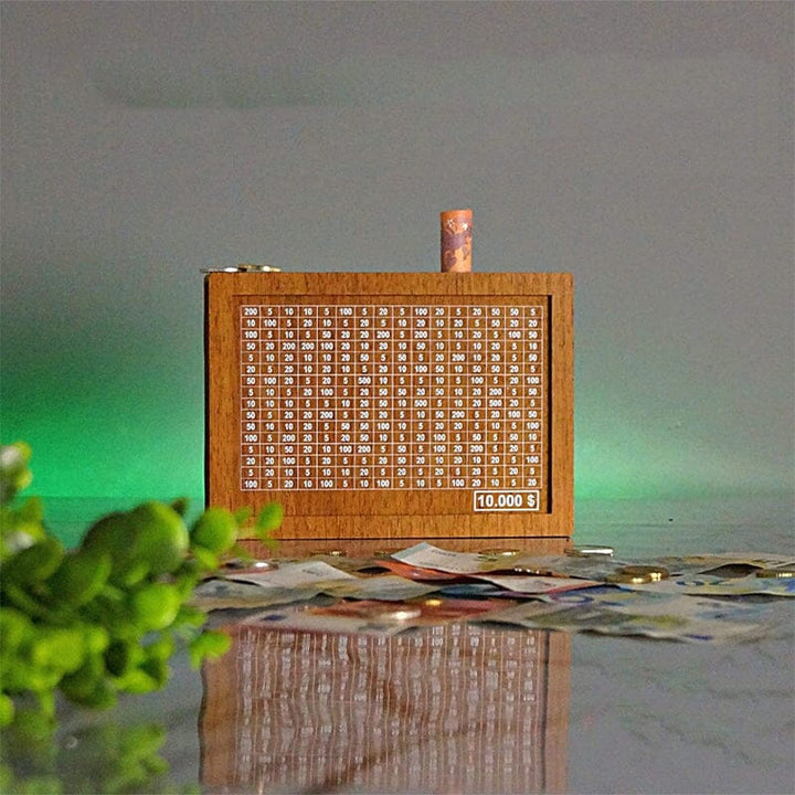 Wooden money box with engraved figures | Stornfield