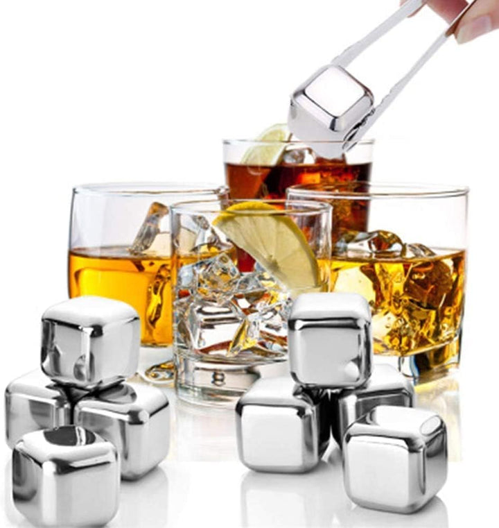Stainless Steel Ice Cubes, Reusable Ice Cubes Set with Silicone Head Tongs and Ice Cube Trays - Pack of (8) Stornfield