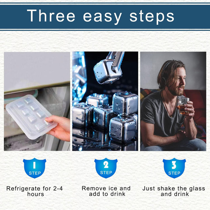 Stainless Steel Ice Cubes, Reusable Ice Cubes Set with Silicone Head Tongs and Ice Cube Trays - Pack of (8) Stornfield