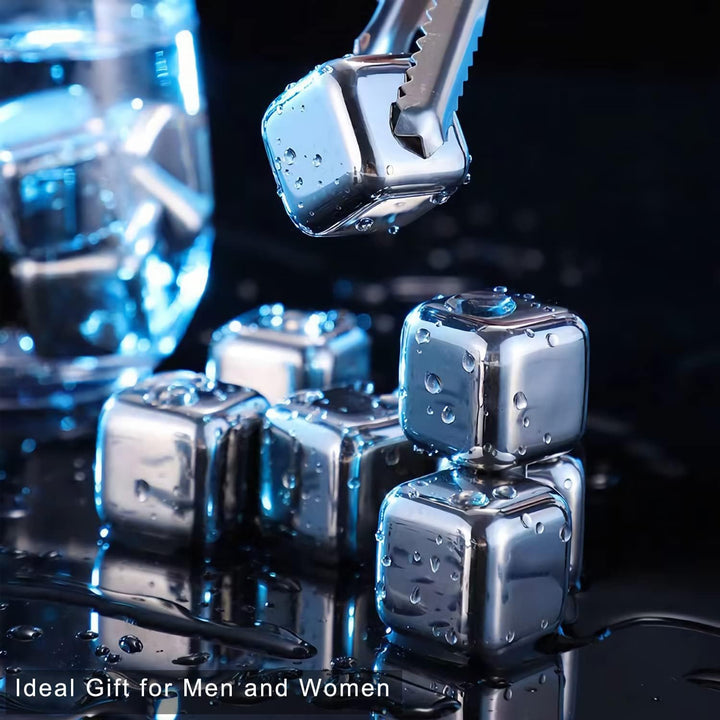 Stainless Steel Ice Cubes, Reusable Ice Cubes Set with Silicone Head Tongs and Ice Cube Trays - Pack of (8) Stornfield