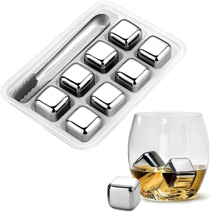 Stainless Steel Ice Cubes, Reusable Ice Cubes Set with Silicone Head Tongs and Ice Cube Trays - Pack of (8) Stornfield