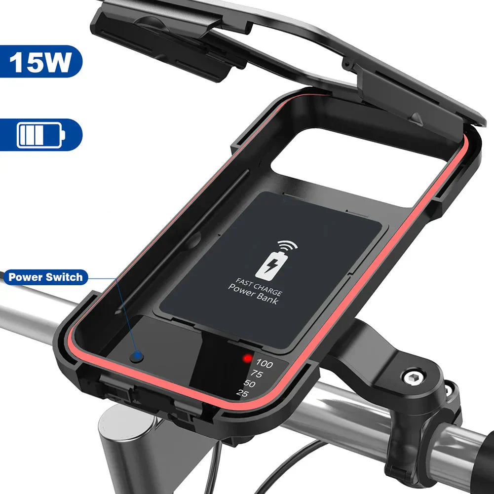 RideCharge Pro – Waterproof Phone Holder with USB and 15W Wireless Charging for Bicycle and E-Bike | Stornfield