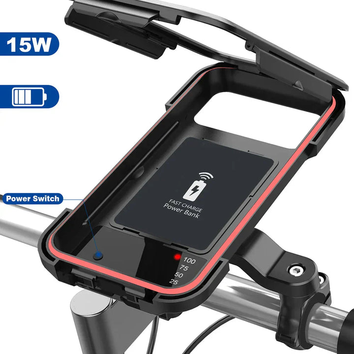 RideCharge Pro – Waterproof Phone Holder with USB and 15W Wireless Charging for Bicycle and E-Bike | Stornfield
