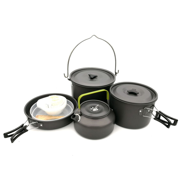 lightweight anodized aluminum camping cookware set with nesting pots kettle folding handles and nonstick interiors Stornfield