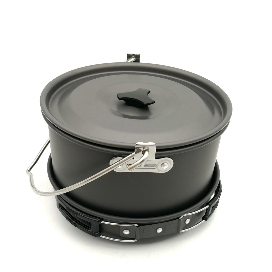 lightweight anodized aluminum camping cookware set with nesting pots kettle folding handles and nonstick interiors Stornfield