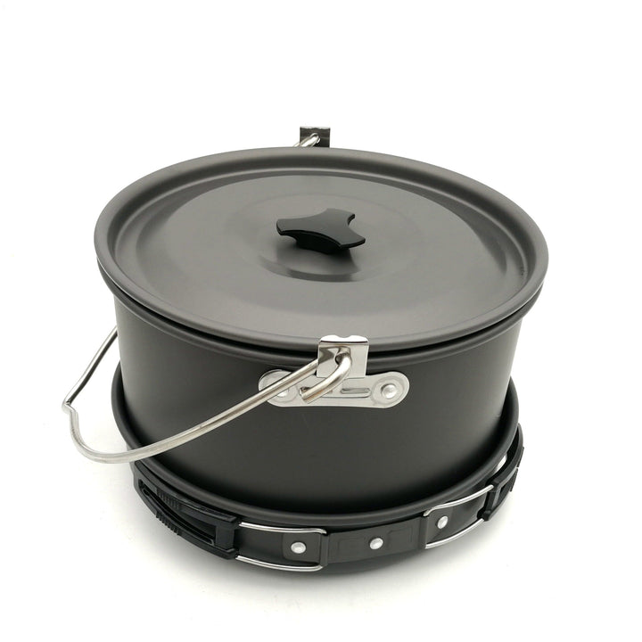 lightweight anodized aluminum camping cookware set with nesting pots kettle folding handles and nonstick interiors Stornfield
