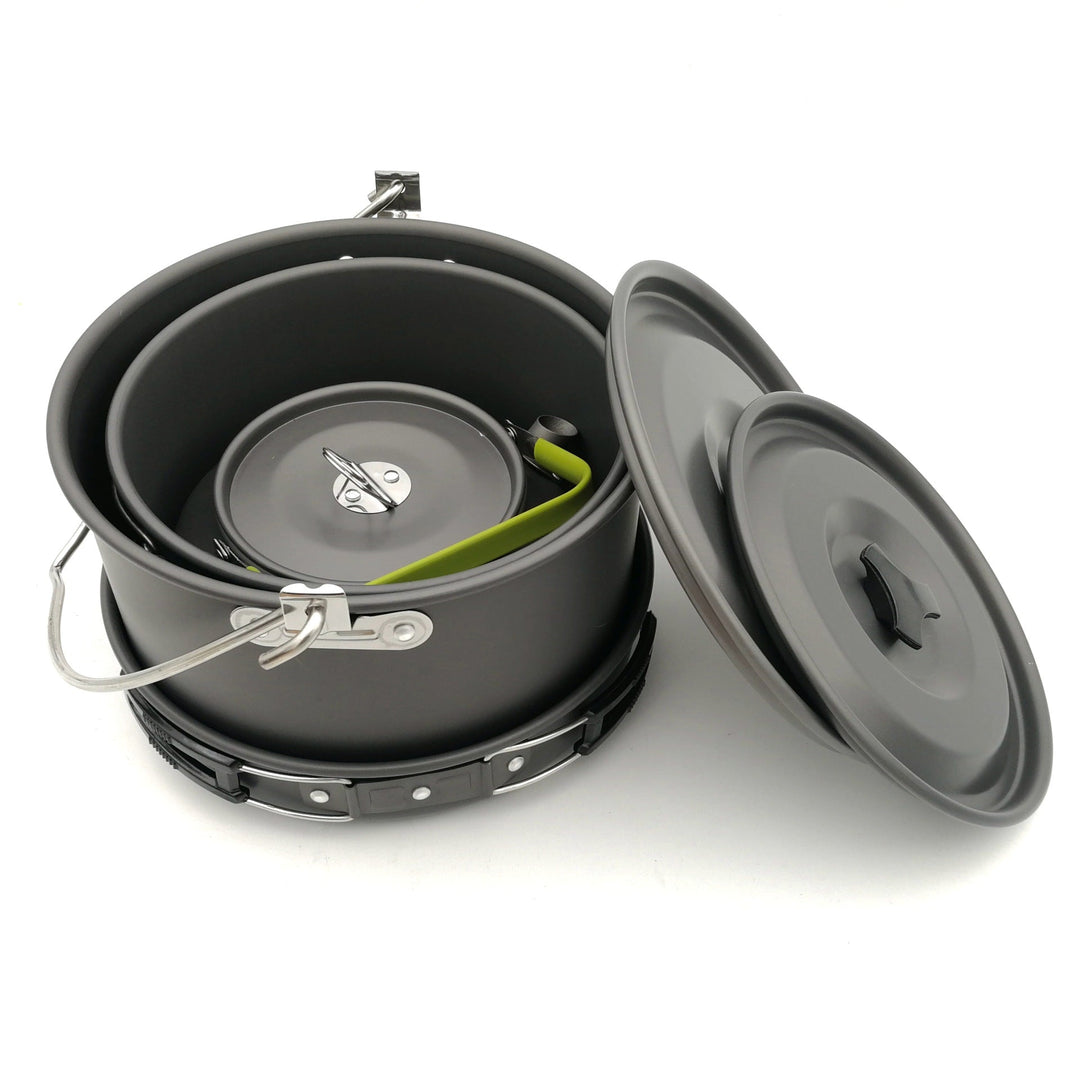 lightweight anodized aluminum camping cookware set with nesting pots kettle folding handles and nonstick interiors Stornfield
