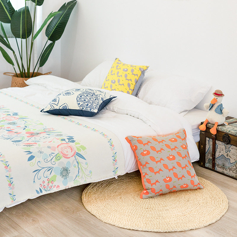 Square decorative cushion cover with botanical leaf print, cotton-linen mix and contrasting piped edge