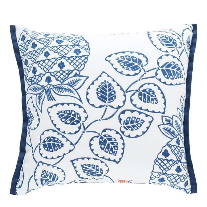 Square decorative cushion cover with botanical leaf print, cotton-linen mix and contrasting piped edge