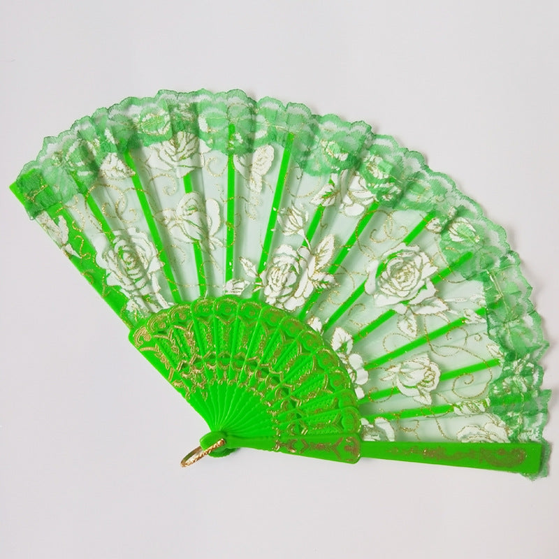 Ladies elegant fan made of sheer lace with floral embellishments Stornfield