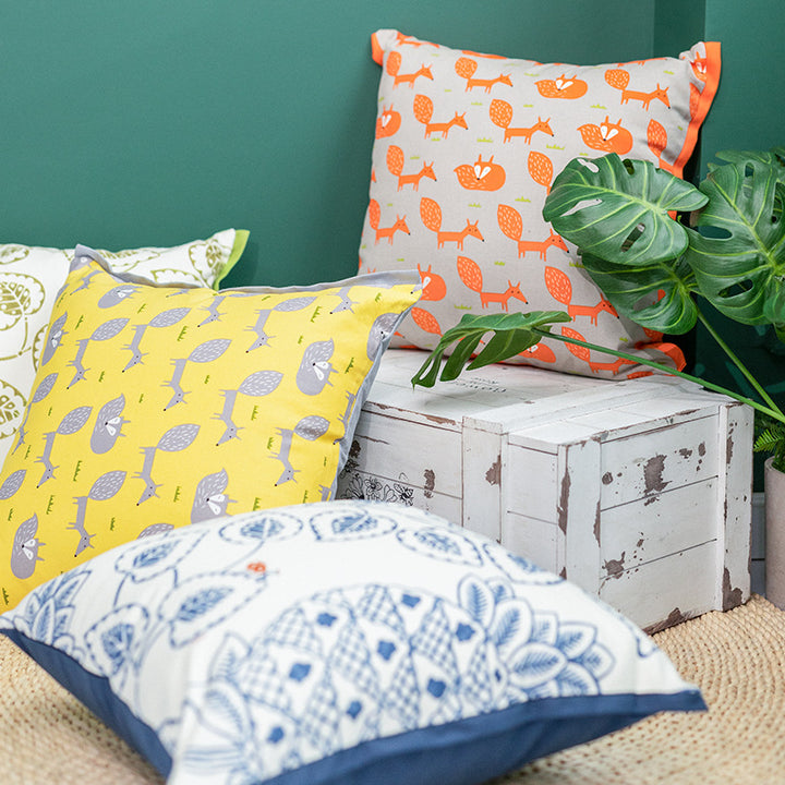 Square decorative cushion cover with botanical leaf print, cotton-linen mix and contrasting piped edge