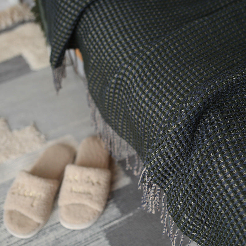 Throw blanket and plaid with herringbone structure, soft cotton blend and decorative fringes Stornfield