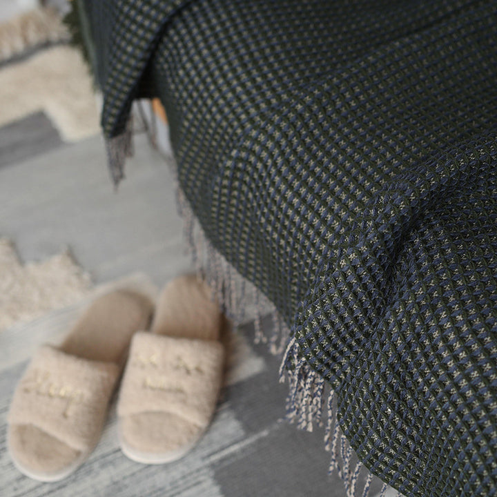 Throw blanket and plaid with herringbone structure, soft cotton blend and decorative fringes Stornfield
