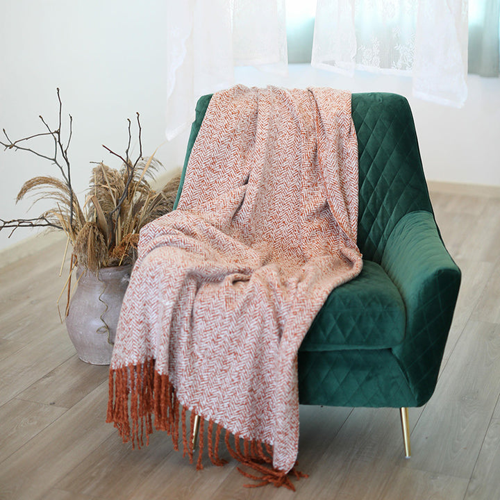 Throw blanket and plaid with herringbone structure, soft cotton blend and decorative fringes Stornfield
