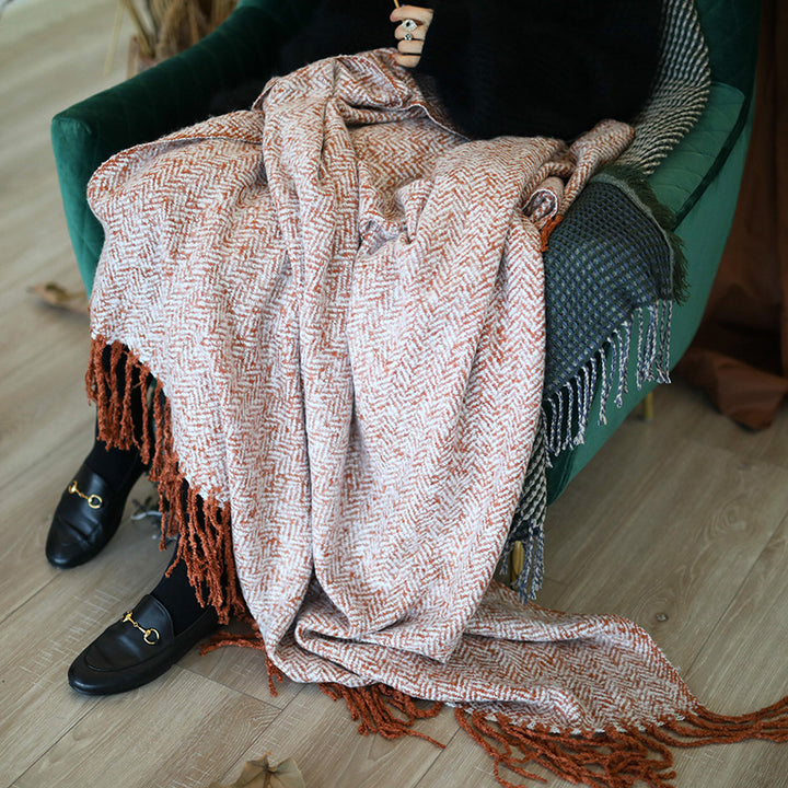Throw blanket and plaid with herringbone structure, soft cotton blend and decorative fringes Stornfield