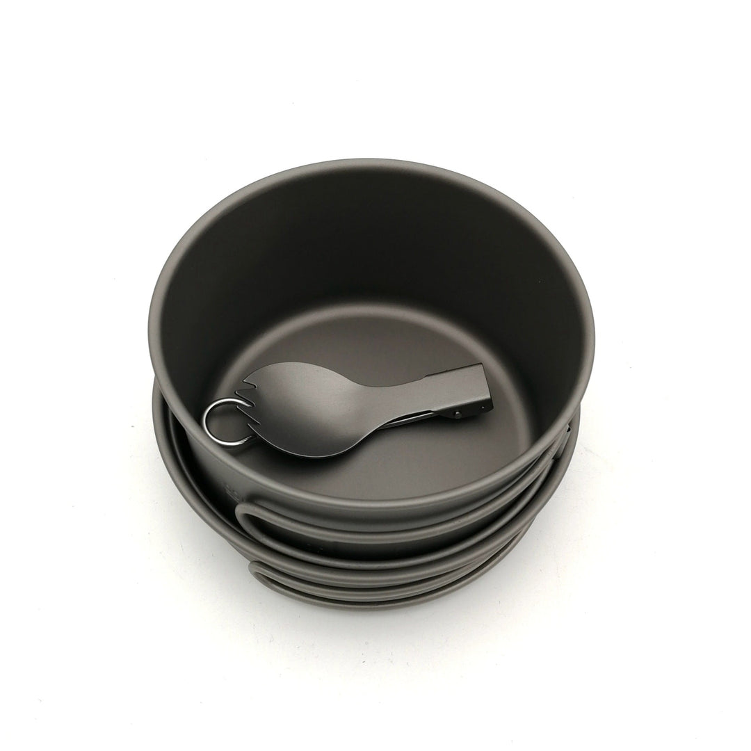 lightweight titanium nesting camping cookware set with folding wire handles Stornfield
