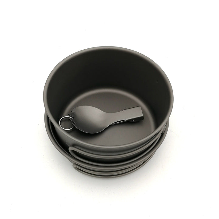 lightweight titanium nesting camping cookware set with folding wire handles Stornfield