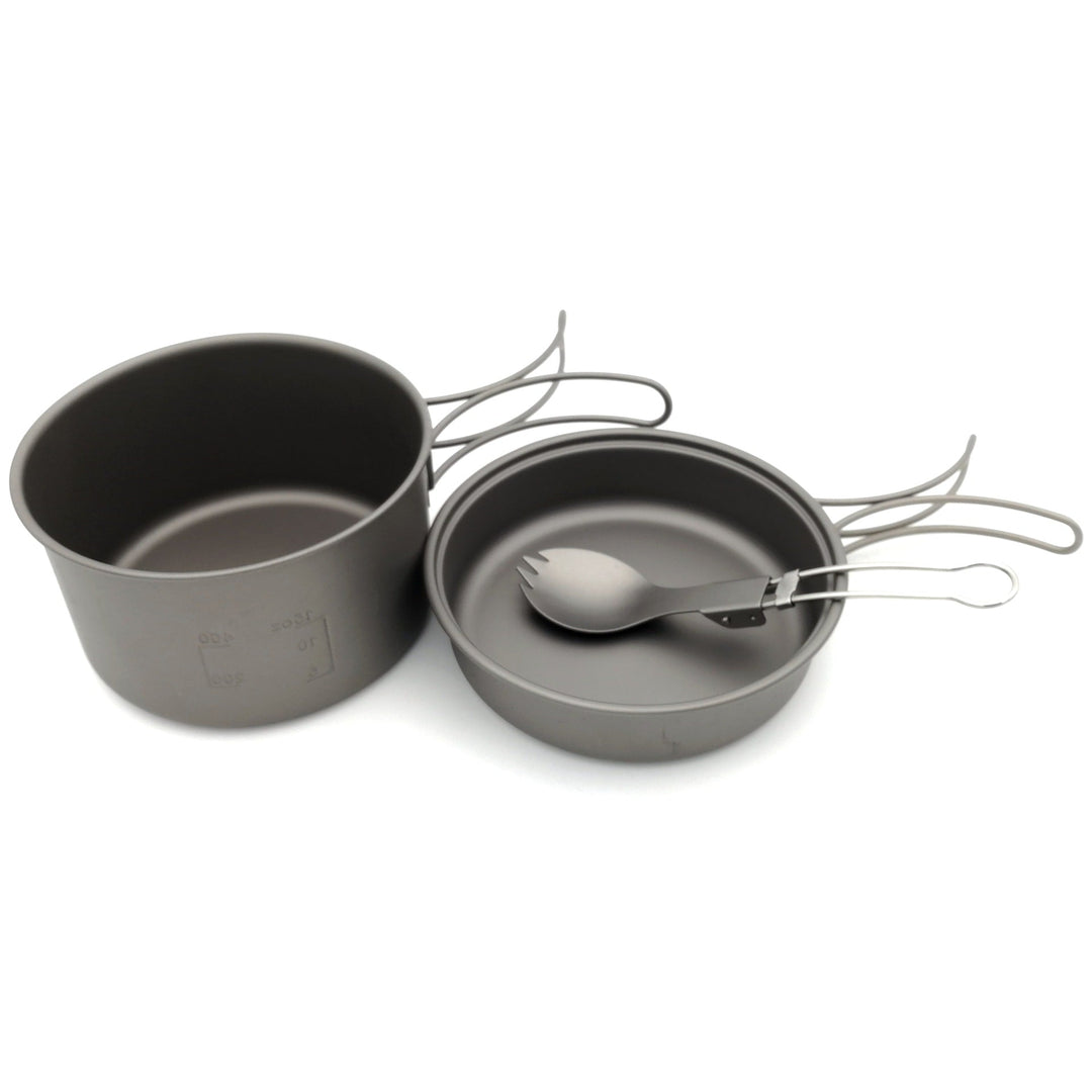 lightweight titanium nesting camping cookware set with folding wire handles Stornfield