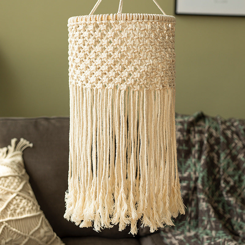 Macramé pendant light with hand-knotted cotton shade and decorative fringes Stornfield