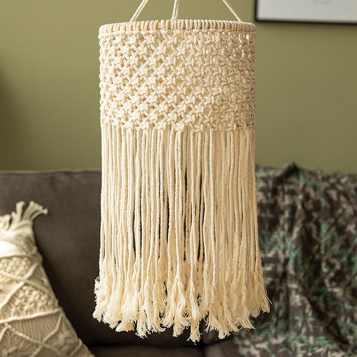 Macramé pendant light with hand-knotted cotton shade and decorative fringes Stornfield