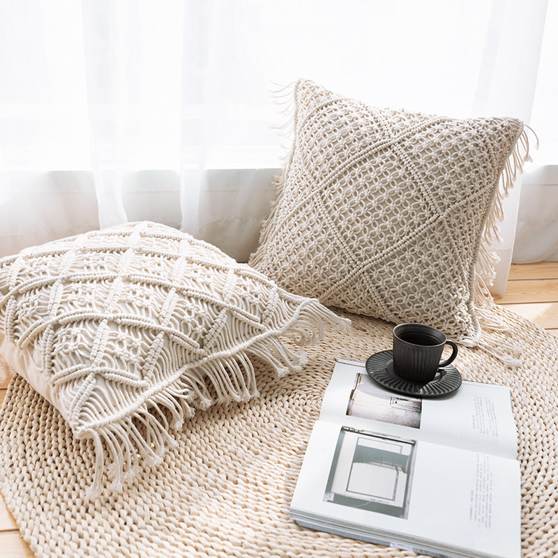 Boho macrame pillow cover with hand-knotted ornament relief and cotton texture Stornfield
