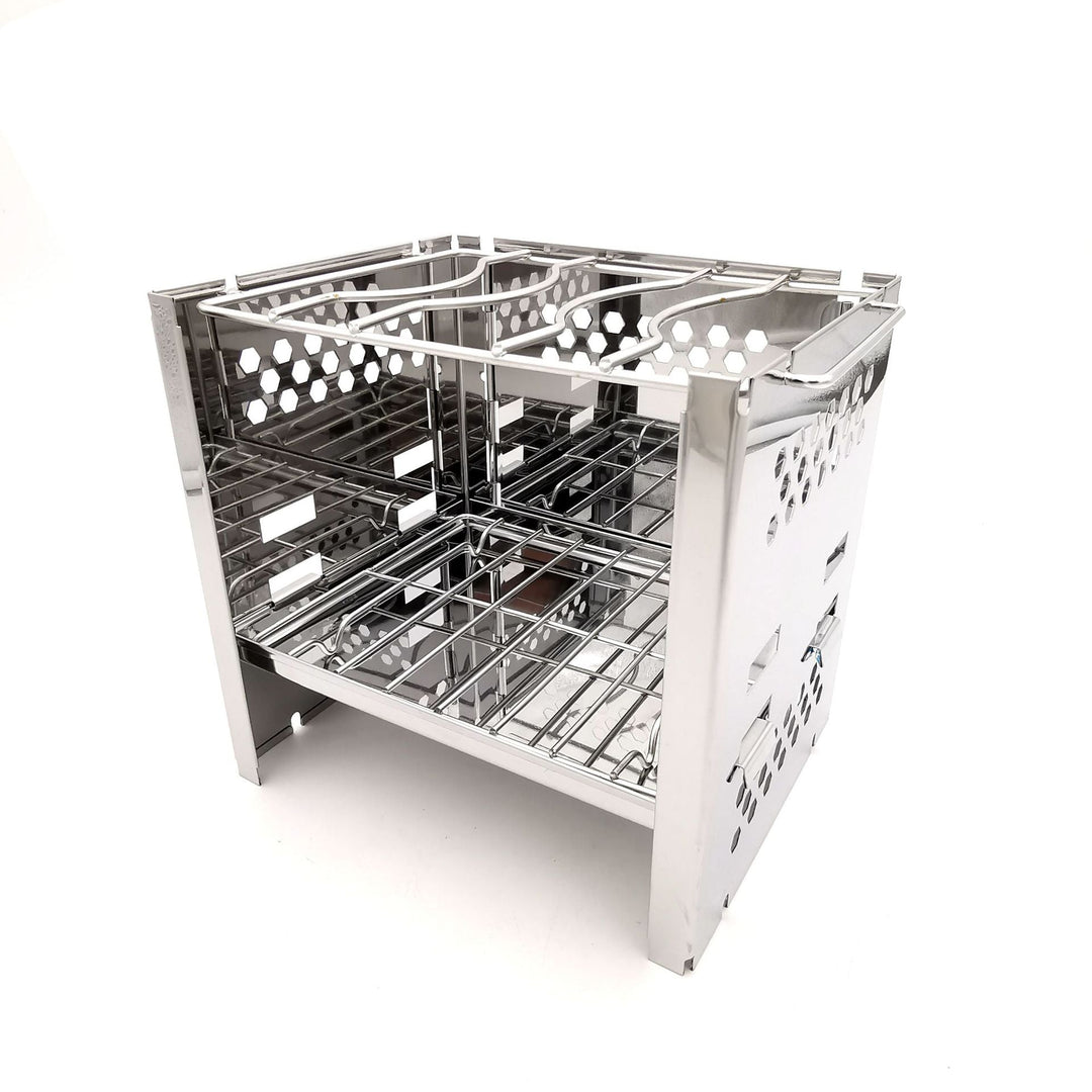 stainless steel collapsible portable camping grill with multi-tier racks and integrated skewer holders Stornfield