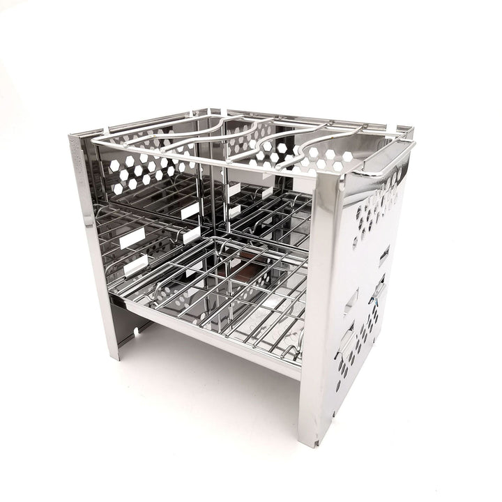 stainless steel collapsible portable camping grill with multi-tier racks and integrated skewer holders Stornfield