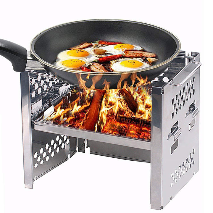 stainless steel collapsible portable camping grill with multi-tier racks and integrated skewer holders Stornfield