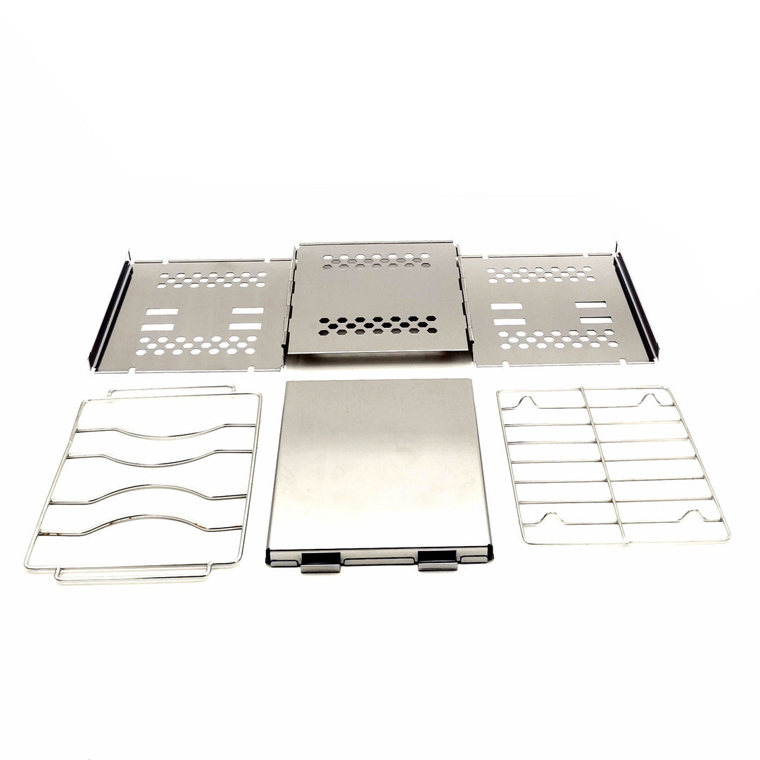 stainless steel collapsible portable camping grill with multi-tier racks and integrated skewer holders Stornfield