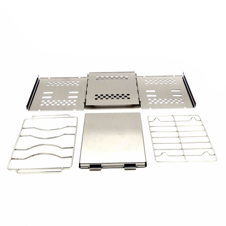 stainless steel collapsible portable camping grill with multi-tier racks and integrated skewer holders Stornfield