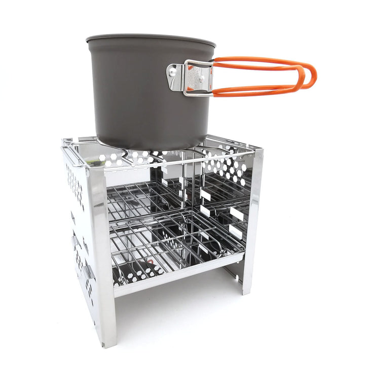 stainless steel collapsible portable camping grill with multi-tier racks and integrated skewer holders Stornfield