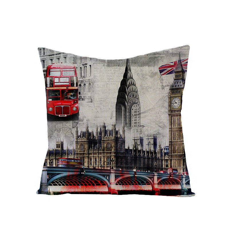 Decorative Cotton-Linen Pillow Cover with London Landmark Collage Print