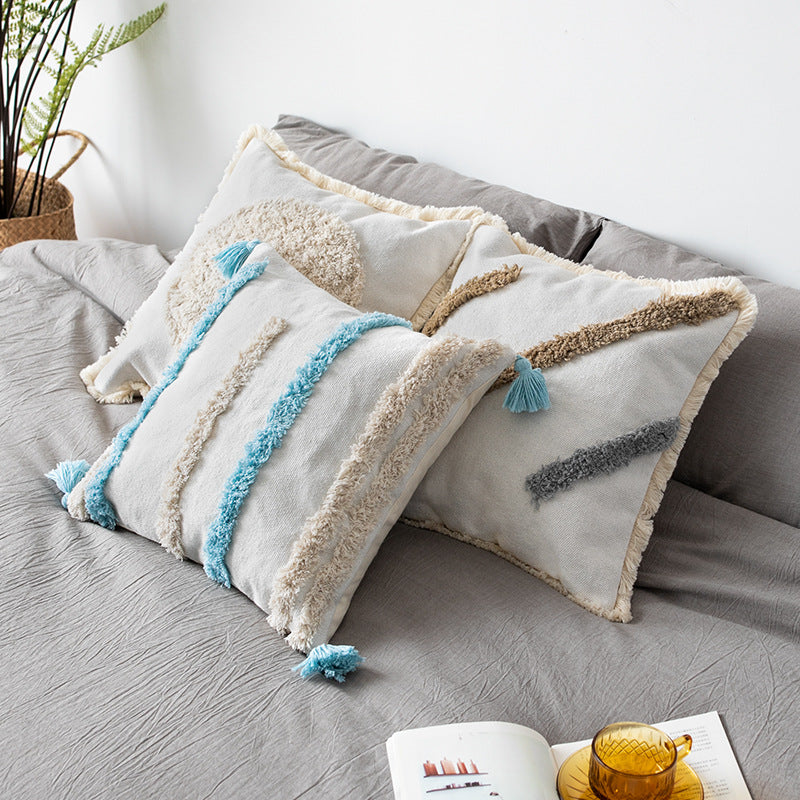 Square decorative pillow cover with fringes and hand-tufted diagonal stripes