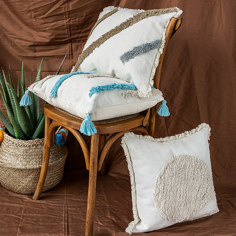 Square decorative pillow cover with fringes and hand-tufted diagonal stripes