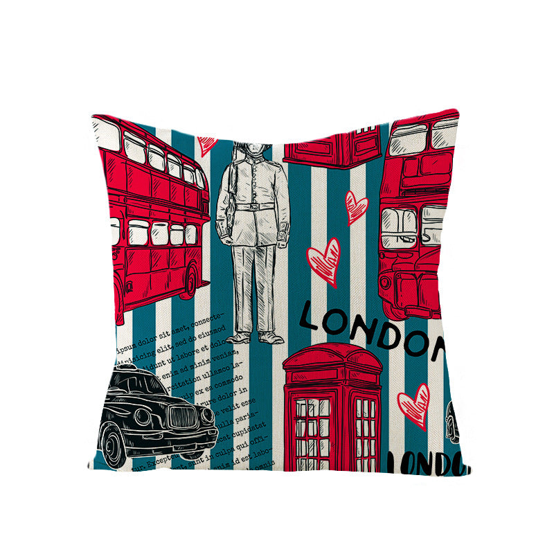 Decorative Cotton-Linen Pillow Cover with London Landmark Collage Print