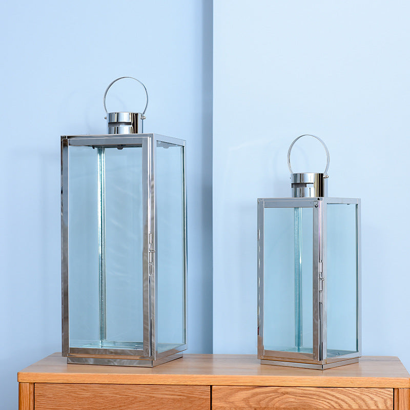Tall Rectangular Stainless Steel Glass Panel Lantern with Hinged Door and Loop Handle Stornfield