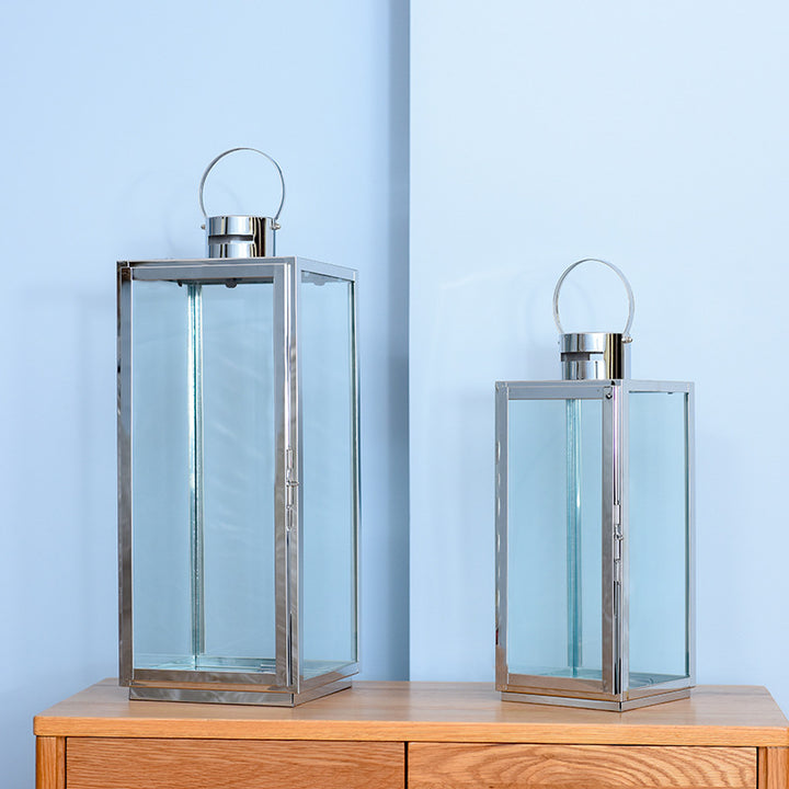 Tall Rectangular Stainless Steel Glass Panel Lantern with Hinged Door and Loop Handle Stornfield