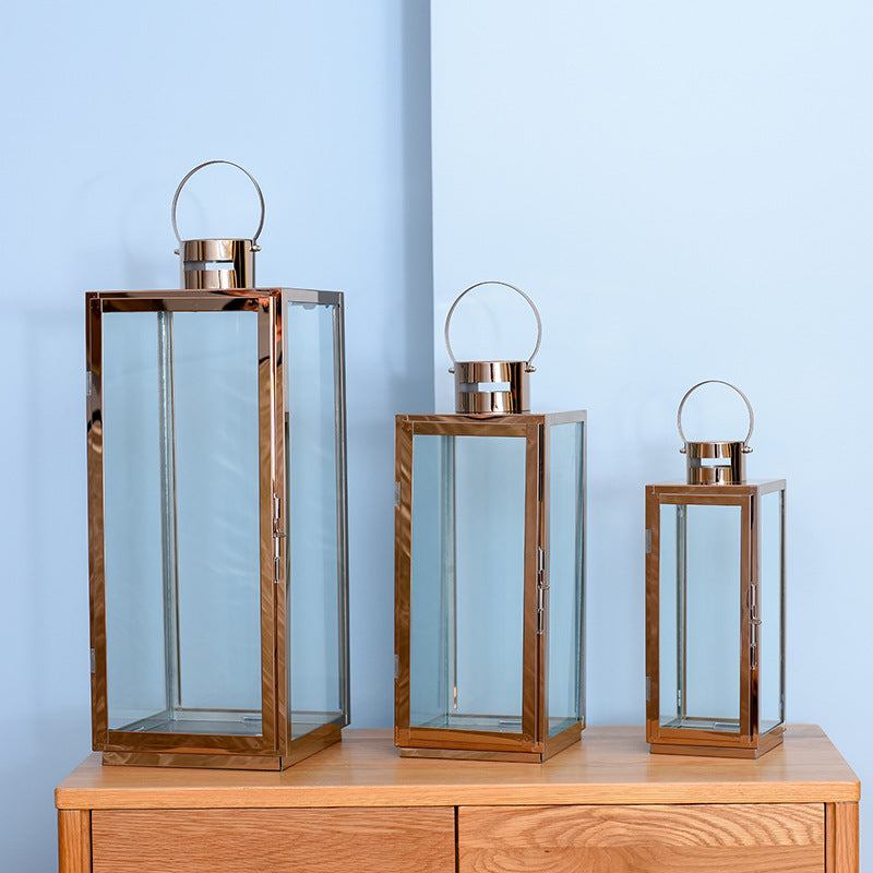 Tall Rectangular Stainless Steel Glass Panel Lantern with Hinged Door and Loop Handle Stornfield