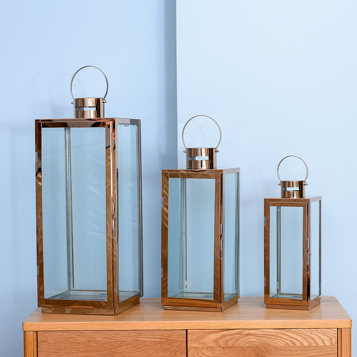 Tall Rectangular Stainless Steel Glass Panel Lantern with Hinged Door and Loop Handle Stornfield