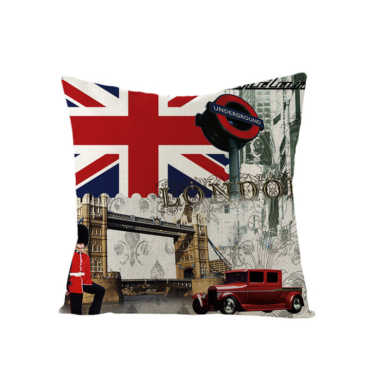 Decorative Cotton-Linen Pillow Cover with London Landmark Collage Print