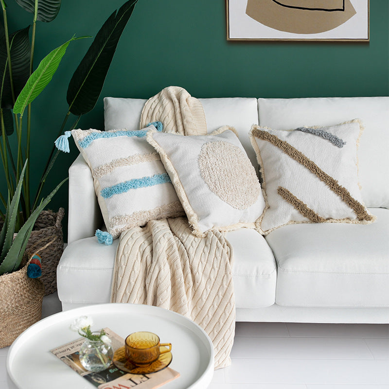 Square decorative pillow cover with fringes and hand-tufted diagonal stripes