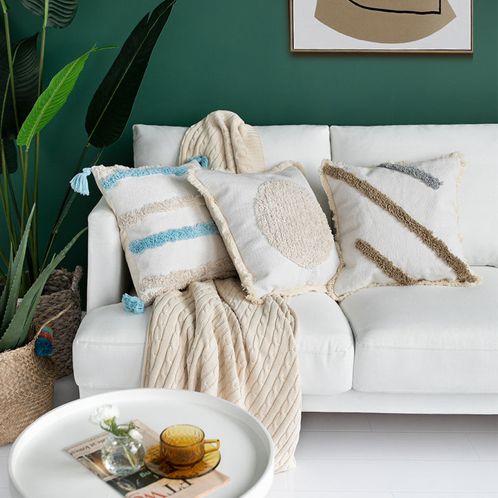 Square decorative pillow cover with fringes and hand-tufted diagonal stripes