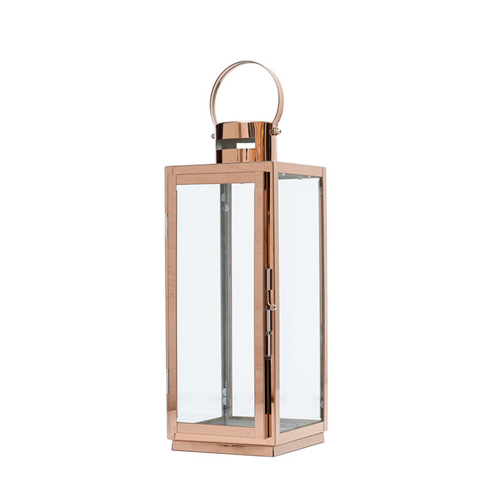 Tall Rectangular Stainless Steel Glass Panel Lantern with Hinged Door and Loop Handle Stornfield
