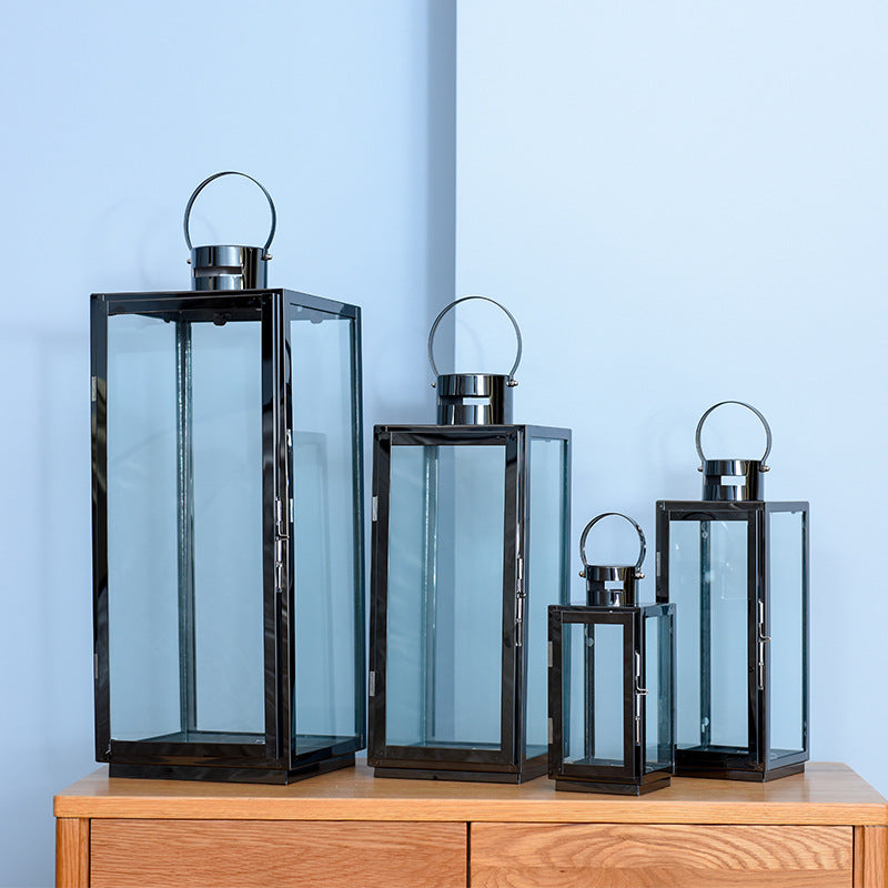 Tall Rectangular Stainless Steel Glass Panel Lantern with Hinged Door and Loop Handle Stornfield