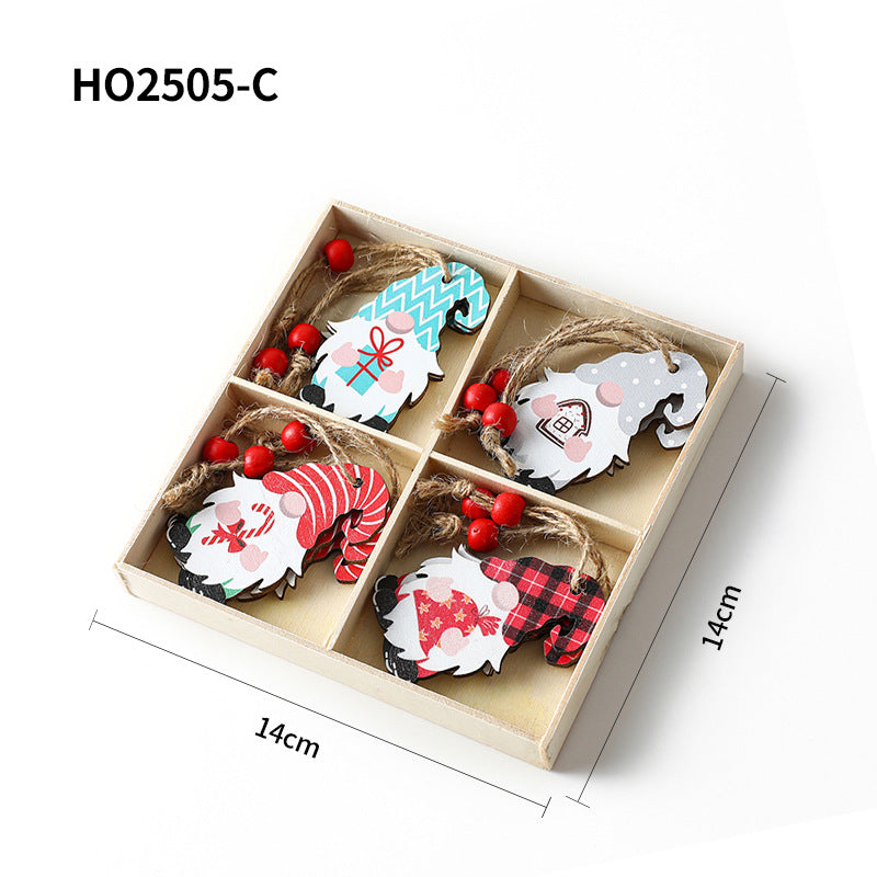 Christmas wooden pendant set, 4-piece box with gnome motifs
