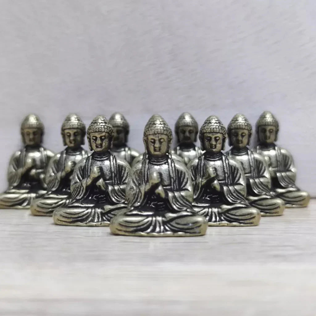 Stornfield | 10 Pieces Miniature Brass Sitting Buddha Statue for Travel, Buddhist Worship, Home Office Decor